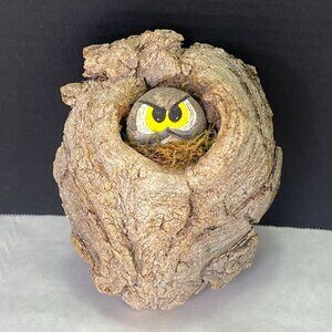 Vintage Painted Rock Owl In Natural Wood Tree Branch Wall Decor